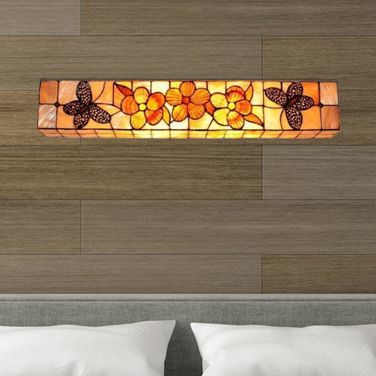 2 Lights Rectangle Wall Lighting with Flower and Butterfly Rustic Shell Wall Mount Light Beige Clearhalo 'Industrial' 'Middle century wall lights' 'Tiffany wall lights' 'Tiffany' 'Wall Lamps & Sconces' 'Wall Lights' Lighting' 182262