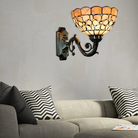 1 Head Wall Light Fixture Tiffany Bowl Orange Shell Sconce Light with Curved Arm Orange Clearhalo 'Industrial' 'Middle century wall lights' 'Tiffany wall lights' 'Tiffany' 'Wall Lamps & Sconces' 'Wall Lights' Lighting' 182275