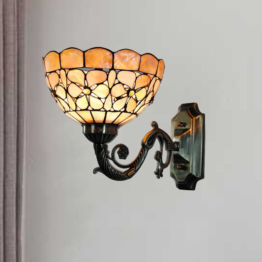 1 Head Wall Light Fixture Tiffany Bowl Orange Shell Sconce Light with Curved Arm Clearhalo 'Industrial' 'Middle century wall lights' 'Tiffany wall lights' 'Tiffany' 'Wall Lamps & Sconces' 'Wall Lights' Lighting' 182276