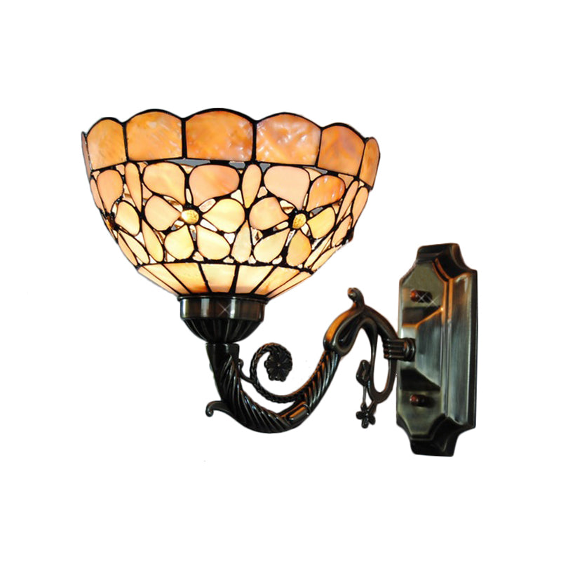 1 Head Wall Light Fixture Tiffany Bowl Orange Shell Sconce Light with Curved Arm Clearhalo 'Industrial' 'Middle century wall lights' 'Tiffany wall lights' 'Tiffany' 'Wall Lamps & Sconces' 'Wall Lights' Lighting' 182277