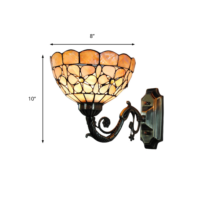 1 Head Wall Light Fixture Tiffany Bowl Orange Shell Sconce Light with Curved Arm Clearhalo 'Industrial' 'Middle century wall lights' 'Tiffany wall lights' 'Tiffany' 'Wall Lamps & Sconces' 'Wall Lights' Lighting' 182278