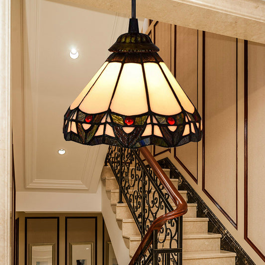 1 Bulb Wide Flare Down Lighting Tiffany Beige Stained Art Glass Ceiling Pendant Light for Stairway Clearhalo 'Ceiling Lights' 'Close To Ceiling Lights' 'Industrial' 'Middle Century Pendants' 'Pendant Lights' 'Pendants' 'Tiffany close to ceiling' 'Tiffany Pendants' 'Tiffany' Lighting' 182297