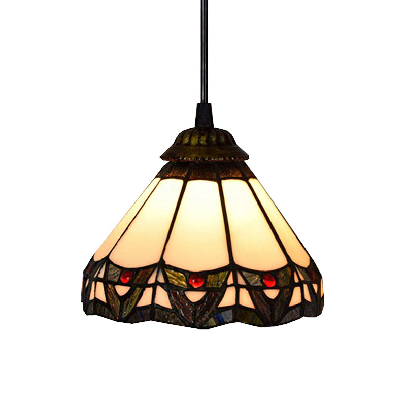 1 Bulb Wide Flare Down Lighting Tiffany Beige Stained Art Glass Ceiling Pendant Light for Stairway Clearhalo 'Ceiling Lights' 'Close To Ceiling Lights' 'Industrial' 'Middle Century Pendants' 'Pendant Lights' 'Pendants' 'Tiffany close to ceiling' 'Tiffany Pendants' 'Tiffany' Lighting' 182298