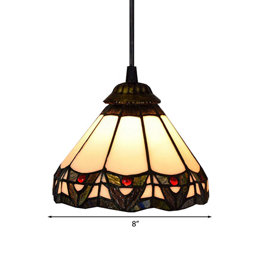 1 Bulb Wide Flare Down Lighting Tiffany Beige Stained Art Glass Ceiling Pendant Light for Stairway Clearhalo 'Ceiling Lights' 'Close To Ceiling Lights' 'Industrial' 'Middle Century Pendants' 'Pendant Lights' 'Pendants' 'Tiffany close to ceiling' 'Tiffany Pendants' 'Tiffany' Lighting' 182299