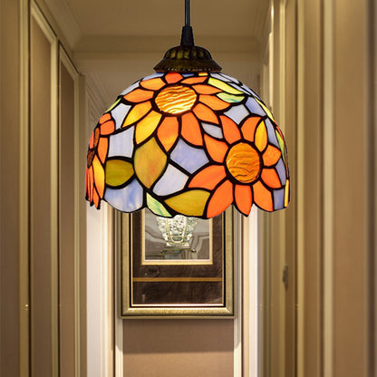 1 Bulb Pendant Lighting Tiffany-Style Domed Orange-Blue Stained Glass Ceiling Hanging Light Orange-Blue Clearhalo 'Ceiling Lights' 'Close To Ceiling Lights' 'Industrial' 'Middle Century Pendants' 'Pendant Lights' 'Pendants' 'Tiffany close to ceiling' 'Tiffany Pendants' 'Tiffany' Lighting' 182329