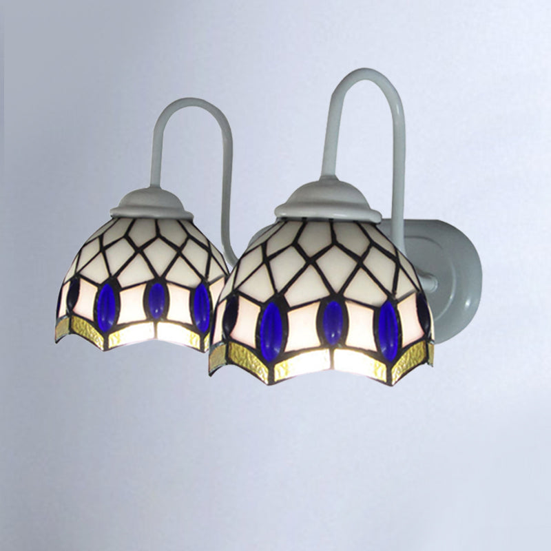 White Dome Sconce Light Tiffany 2 Heads Stained Glass Wall Mount Light with Blue Gem Decoration White Clearhalo 'Industrial' 'Middle century wall lights' 'Tiffany wall lights' 'Tiffany' 'Wall Lamps & Sconces' 'Wall Lights' Lighting' 182333