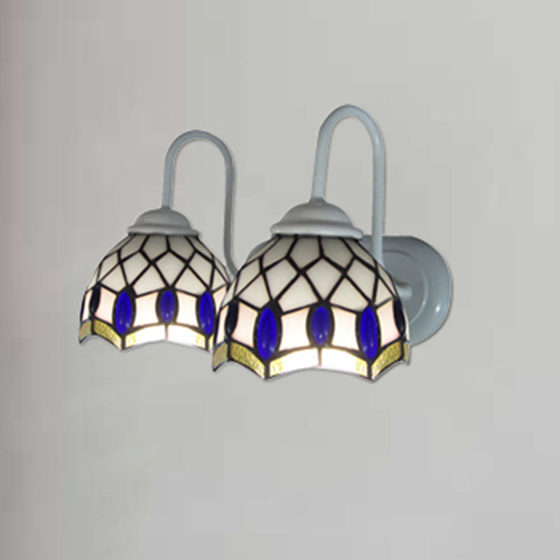 White Dome Sconce Light Tiffany 2 Heads Stained Glass Wall Mount Light with Blue Gem Decoration Clearhalo 'Industrial' 'Middle century wall lights' 'Tiffany wall lights' 'Tiffany' 'Wall Lamps & Sconces' 'Wall Lights' Lighting' 182334