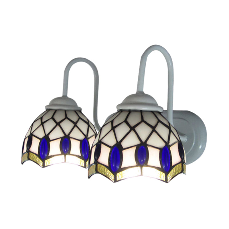 White Dome Sconce Light Tiffany 2 Heads Stained Glass Wall Mount Light with Blue Gem Decoration Clearhalo 'Industrial' 'Middle century wall lights' 'Tiffany wall lights' 'Tiffany' 'Wall Lamps & Sconces' 'Wall Lights' Lighting' 182335