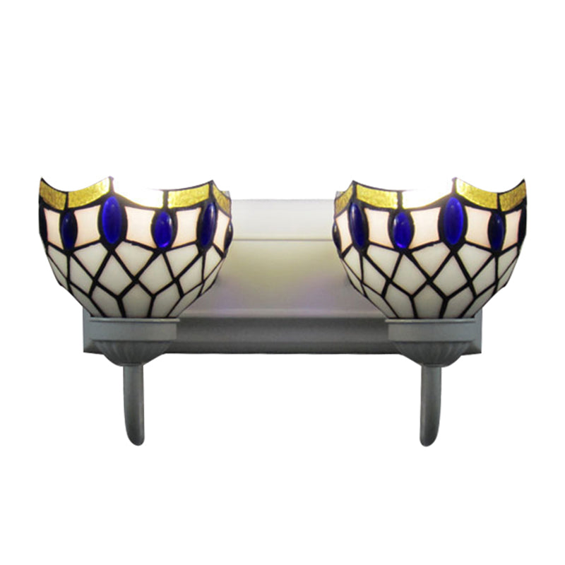 White Dome Sconce Light Tiffany 2 Heads Stained Glass Wall Mount Light with Blue Gem Decoration Clearhalo 'Industrial' 'Middle century wall lights' 'Tiffany wall lights' 'Tiffany' 'Wall Lamps & Sconces' 'Wall Lights' Lighting' 182336
