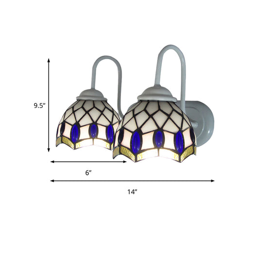 White Dome Sconce Light Tiffany 2 Heads Stained Glass Wall Mount Light with Blue Gem Decoration Clearhalo 'Industrial' 'Middle century wall lights' 'Tiffany wall lights' 'Tiffany' 'Wall Lamps & Sconces' 'Wall Lights' Lighting' 182338