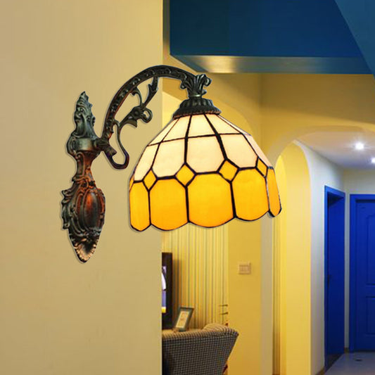 Yellow Dome Wall Mount Lighting Tiffany Style 1 Light Wall Sconce Lamp with Curved Arm Yellow Clearhalo 'Industrial' 'Middle century wall lights' 'Tiffany wall lights' 'Tiffany' 'Wall Lamps & Sconces' 'Wall Lights' Lighting' 182372