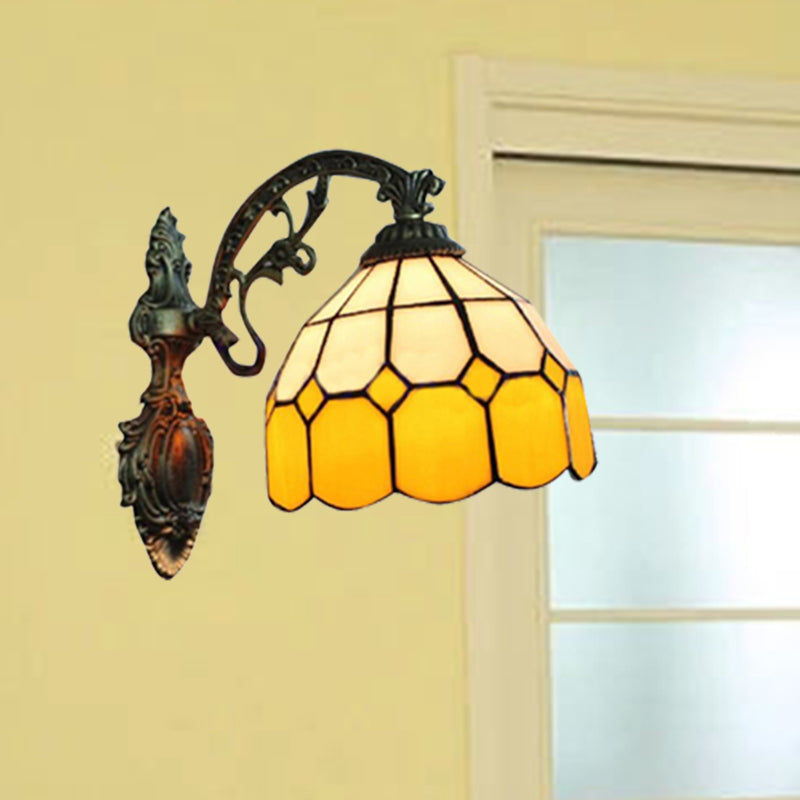 Yellow Dome Wall Mount Lighting Tiffany Style 1 Light Wall Sconce Lamp with Curved Arm Clearhalo 'Industrial' 'Middle century wall lights' 'Tiffany wall lights' 'Tiffany' 'Wall Lamps & Sconces' 'Wall Lights' Lighting' 182373