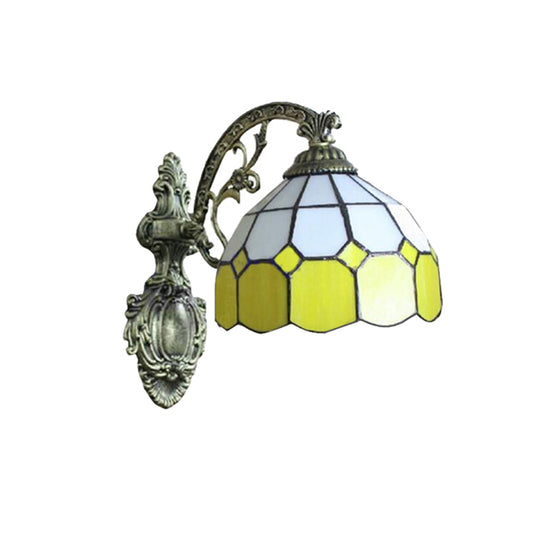 Yellow Dome Wall Mount Lighting Tiffany Style 1 Light Wall Sconce Lamp with Curved Arm Clearhalo 'Industrial' 'Middle century wall lights' 'Tiffany wall lights' 'Tiffany' 'Wall Lamps & Sconces' 'Wall Lights' Lighting' 182375