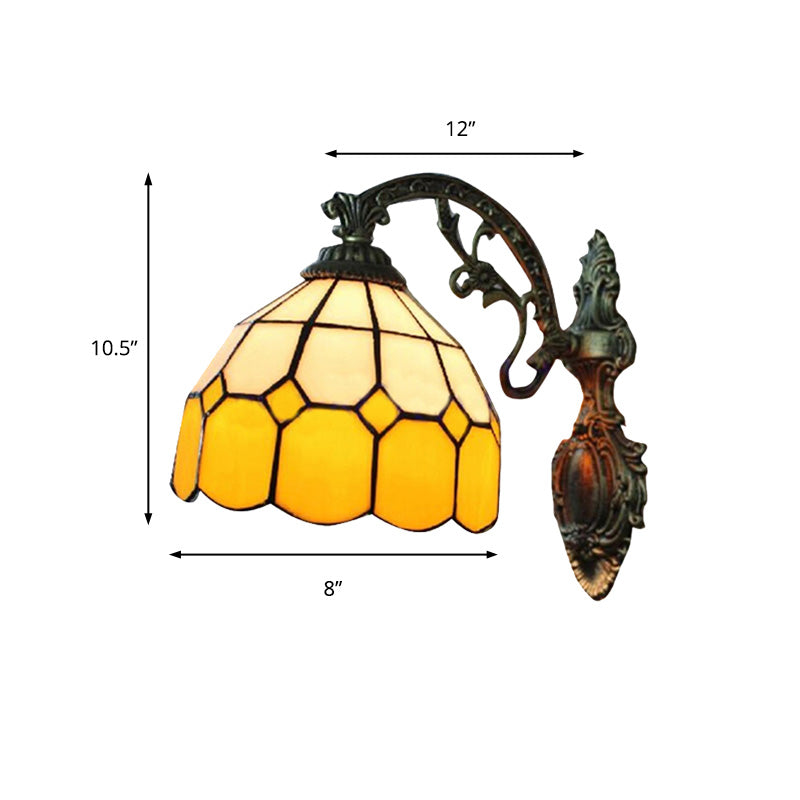 Yellow Dome Wall Mount Lighting Tiffany Style 1 Light Wall Sconce Lamp with Curved Arm Clearhalo 'Industrial' 'Middle century wall lights' 'Tiffany wall lights' 'Tiffany' 'Wall Lamps & Sconces' 'Wall Lights' Lighting' 182376