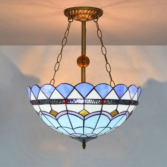 Mediterranean Inverted Semi Flush Light with Bowl Shade Stained Glass Semi Flush Mount in Blue Blue Clearhalo 'Ceiling Lights' 'Chandeliers' 'Close To Ceiling Lights' 'Close to ceiling' 'Glass shade' 'Glass' 'Semi-flushmount' 'Tiffany close to ceiling' 'Tiffany' Lighting' 182377