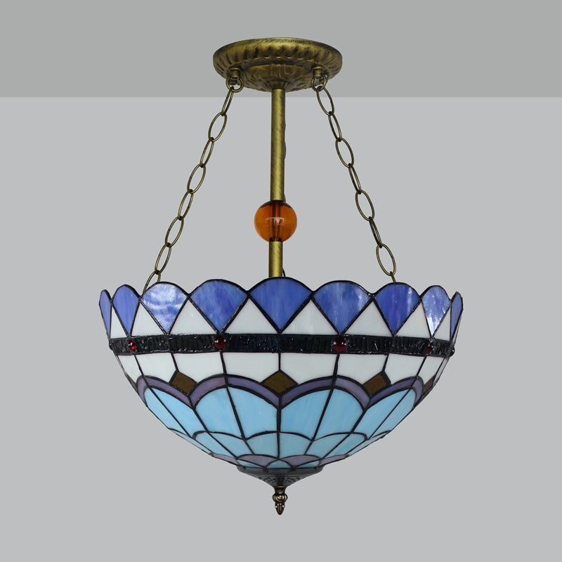 Mediterranean Inverted Semi Flush Light with Bowl Shade Stained Glass Semi Flush Mount in Blue Clearhalo 'Ceiling Lights' 'Chandeliers' 'Close To Ceiling Lights' 'Close to ceiling' 'Glass shade' 'Glass' 'Semi-flushmount' 'Tiffany close to ceiling' 'Tiffany' Lighting' 182378