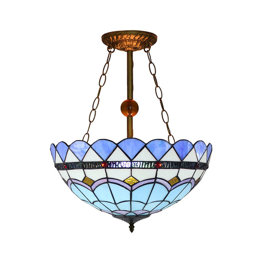 Mediterranean Inverted Semi Flush Light with Bowl Shade Stained Glass Semi Flush Mount in Blue Clearhalo 'Ceiling Lights' 'Chandeliers' 'Close To Ceiling Lights' 'Close to ceiling' 'Glass shade' 'Glass' 'Semi-flushmount' 'Tiffany close to ceiling' 'Tiffany' Lighting' 182379