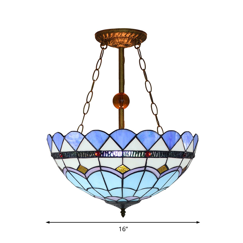 Mediterranean Inverted Semi Flush Light with Bowl Shade Stained Glass Semi Flush Mount in Blue Clearhalo 'Ceiling Lights' 'Chandeliers' 'Close To Ceiling Lights' 'Close to ceiling' 'Glass shade' 'Glass' 'Semi-flushmount' 'Tiffany close to ceiling' 'Tiffany' Lighting' 182380