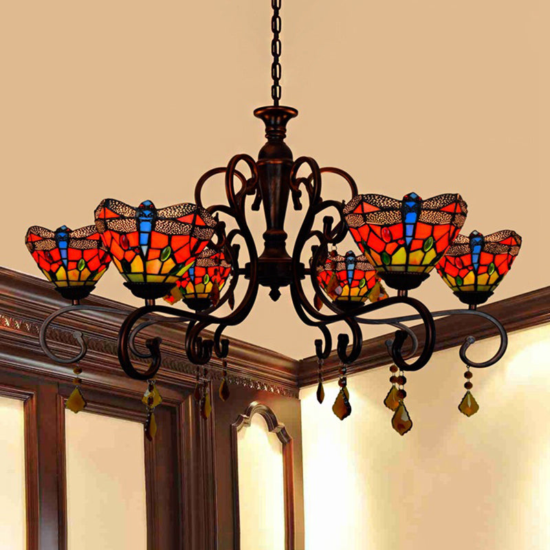 Tiffany Dragonfly Chandelier Stained Glass 6 Lights Stunning Hanging Pendant in Red Red Clearhalo 'Ceiling Lights' 'Chandeliers' 'Industrial' 'Middle Century Chandeliers' 'Pendant Lights' 'Tiffany Chandeliers' 'Tiffany close to ceiling' 'Tiffany' Lighting' 182385