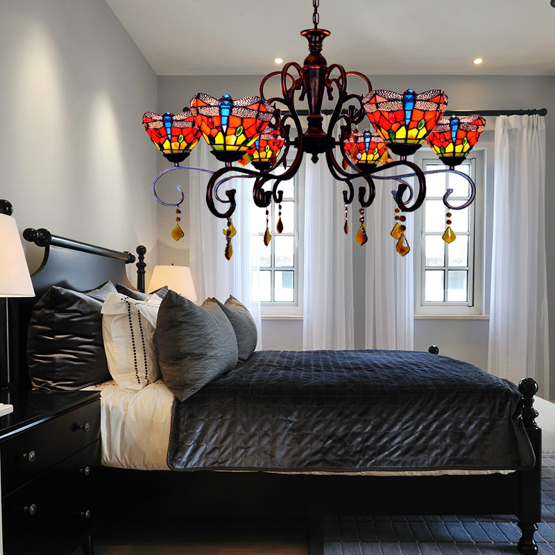 Tiffany Dragonfly Chandelier Stained Glass 6 Lights Stunning Hanging Pendant in Red Clearhalo 'Ceiling Lights' 'Chandeliers' 'Industrial' 'Middle Century Chandeliers' 'Pendant Lights' 'Tiffany Chandeliers' 'Tiffany close to ceiling' 'Tiffany' Lighting' 182386