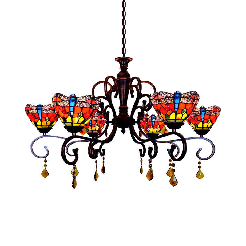 Tiffany Dragonfly Chandelier Stained Glass 6 Lights Stunning Hanging Pendant in Red Clearhalo 'Ceiling Lights' 'Chandeliers' 'Industrial' 'Middle Century Chandeliers' 'Pendant Lights' 'Tiffany Chandeliers' 'Tiffany close to ceiling' 'Tiffany' Lighting' 182387