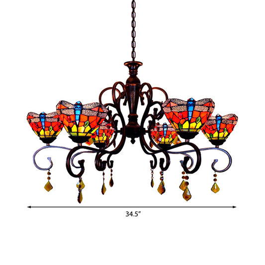 Tiffany Dragonfly Chandelier Stained Glass 6 Lights Stunning Hanging Pendant in Red Clearhalo 'Ceiling Lights' 'Chandeliers' 'Industrial' 'Middle Century Chandeliers' 'Pendant Lights' 'Tiffany Chandeliers' 'Tiffany close to ceiling' 'Tiffany' Lighting' 182388