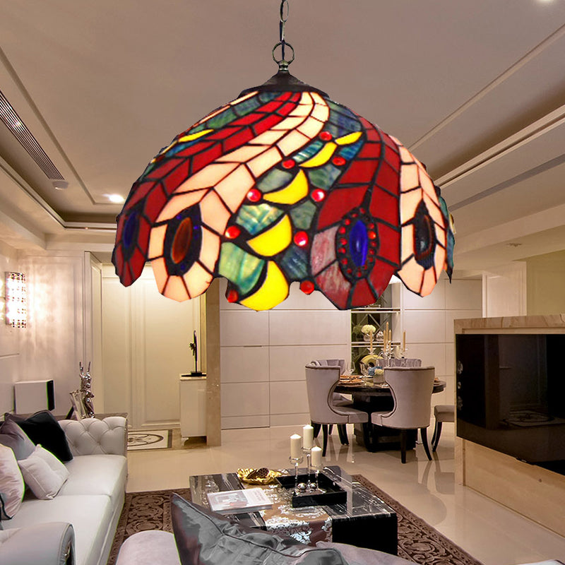 1 Bulb Peacock Ceiling Lamp Tiffany-Style Red Stained Glass Suspension Pendant Light Red Clearhalo 'Ceiling Lights' 'Chandeliers' 'Industrial' 'Middle Century Pendants' 'Pendant Lights' 'Pendants' 'Tiffany close to ceiling' 'Tiffany Pendants' 'Tiffany' Lighting' 182389
