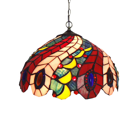 1 Bulb Peacock Ceiling Lamp Tiffany-Style Red Stained Glass Suspension Pendant Light Clearhalo 'Ceiling Lights' 'Chandeliers' 'Industrial' 'Middle Century Pendants' 'Pendant Lights' 'Pendants' 'Tiffany close to ceiling' 'Tiffany Pendants' 'Tiffany' Lighting' 182391