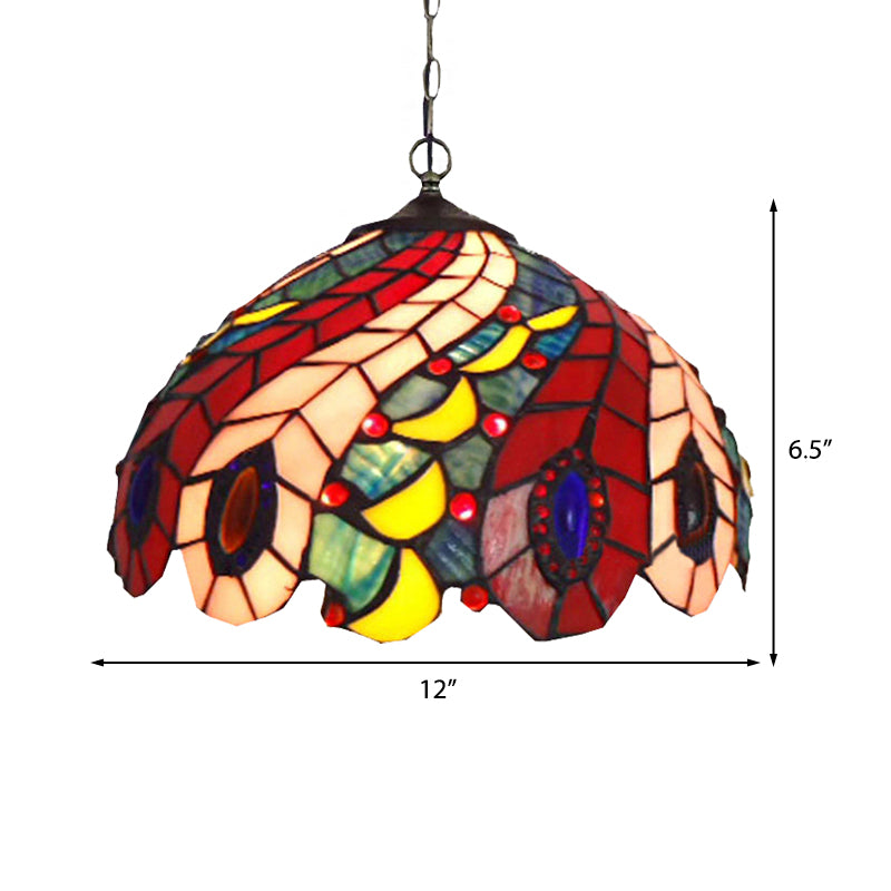 1 Bulb Peacock Ceiling Lamp Tiffany-Style Red Stained Glass Suspension Pendant Light Clearhalo 'Ceiling Lights' 'Chandeliers' 'Industrial' 'Middle Century Pendants' 'Pendant Lights' 'Pendants' 'Tiffany close to ceiling' 'Tiffany Pendants' 'Tiffany' Lighting' 182392