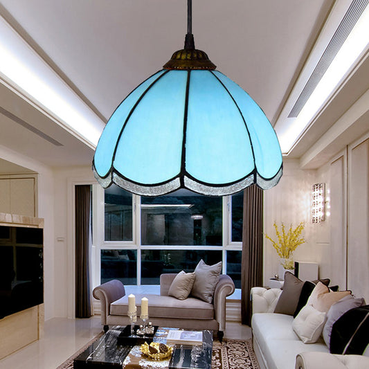 Tiffany Scalloped Down Mini Pendant 1 Light Blue Glass Ceiling Suspension Lamp for Living Room Blue Clearhalo 'Ceiling Lights' 'Industrial' 'Middle Century Pendants' 'Pendant Lights' 'Pendants' 'Tiffany close to ceiling' 'Tiffany Pendants' 'Tiffany' Lighting' 182408