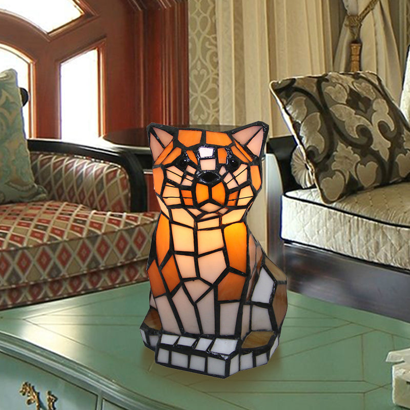 Brown Cat Shade Accent Lamp Tiffany Stained Glass 1 Light Colorful Table Lamp for Bedside Clearhalo 'Lamps' 'Table Lamps' Lighting' 182421