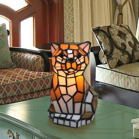 Brown Cat Shade Accent Lamp Tiffany Stained Glass 1 Light Colorful Table Lamp for Bedside Clearhalo 'Lamps' 'Table Lamps' Lighting' 182421