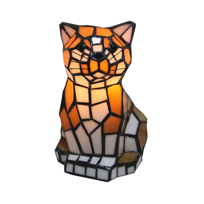 Brown Cat Shade Accent Lamp Tiffany Stained Glass 1 Light Colorful Table Lamp for Bedside Clearhalo 'Lamps' 'Table Lamps' Lighting' 182422