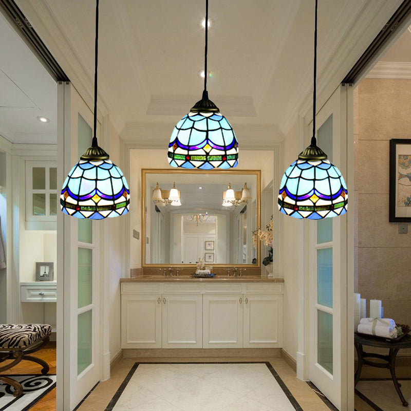 Bowl Ceiling Fixture Vintage Stained Glass 3 Lights Decorative Hanging Pendant in Blue Blue Linear Clearhalo 'Ceiling Lights' 'Industrial' 'Middle Century Pendants' 'Pendant Lights' 'Pendants' 'Tiffany close to ceiling' 'Tiffany Pendants' 'Tiffany' Lighting' 182424