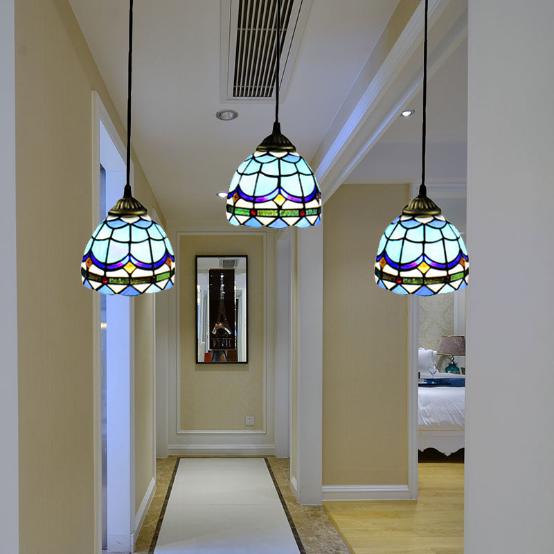 Bowl Ceiling Fixture Vintage Stained Glass 3 Lights Decorative Hanging Pendant in Blue Clearhalo 'Ceiling Lights' 'Industrial' 'Middle Century Pendants' 'Pendant Lights' 'Pendants' 'Tiffany close to ceiling' 'Tiffany Pendants' 'Tiffany' Lighting' 182425