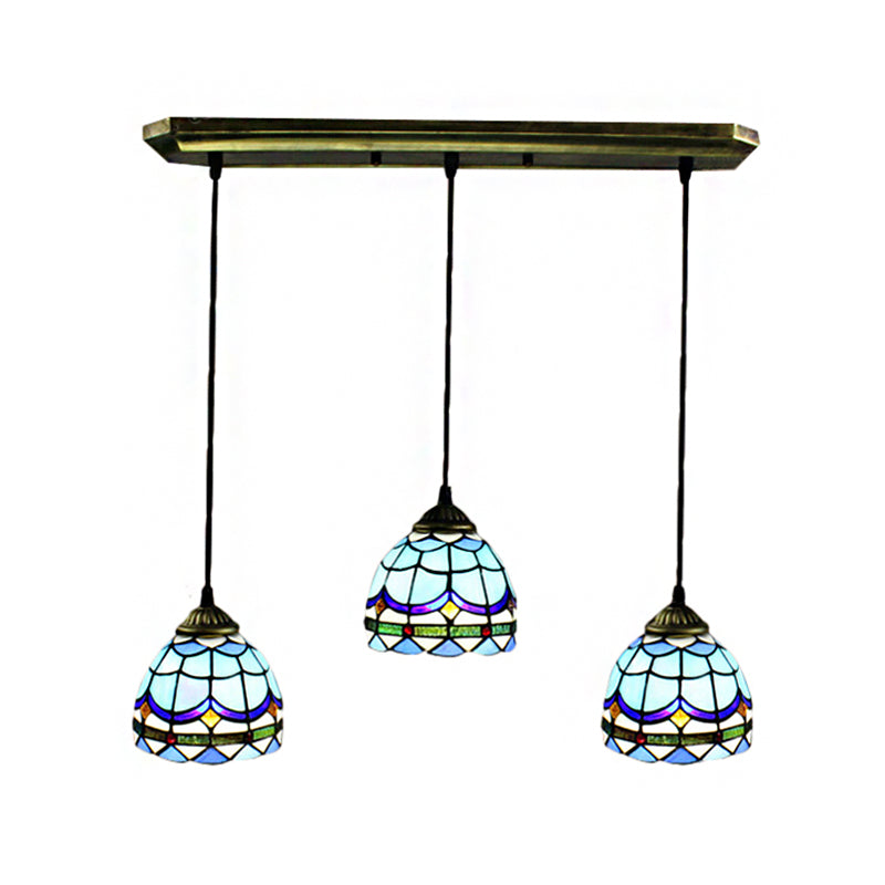 Bowl Ceiling Fixture Vintage Stained Glass 3 Lights Decorative Hanging Pendant in Blue Clearhalo 'Ceiling Lights' 'Industrial' 'Middle Century Pendants' 'Pendant Lights' 'Pendants' 'Tiffany close to ceiling' 'Tiffany Pendants' 'Tiffany' Lighting' 182426
