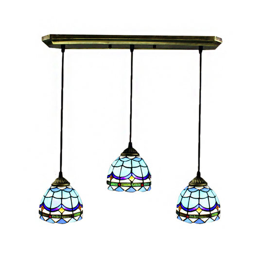 Bowl Ceiling Fixture Vintage Stained Glass 3 Lights Decorative Hanging Pendant in Blue Clearhalo 'Ceiling Lights' 'Industrial' 'Middle Century Pendants' 'Pendant Lights' 'Pendants' 'Tiffany close to ceiling' 'Tiffany Pendants' 'Tiffany' Lighting' 182426