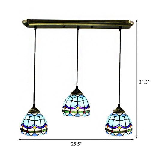 Bowl Ceiling Fixture Vintage Stained Glass 3 Lights Decorative Hanging Pendant in Blue Clearhalo 'Ceiling Lights' 'Industrial' 'Middle Century Pendants' 'Pendant Lights' 'Pendants' 'Tiffany close to ceiling' 'Tiffany Pendants' 'Tiffany' Lighting' 182427