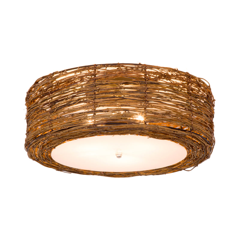 Hand-Woven Flush Mount Lamp with Round Shade Modern Rattan 3 Lights Bedroom Ceiling Light Fixture in Brown, 16"/19.5" W Clearhalo 'Ceiling Lights' 'Close To Ceiling Lights' 'Close to ceiling' 'Flush mount' Lighting' 182441