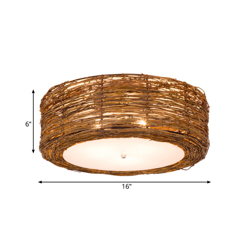 Hand-Woven Flush Mount Lamp with Round Shade Modern Rattan 3 Lights Bedroom Ceiling Light Fixture in Brown, 16"/19.5" W Clearhalo 'Ceiling Lights' 'Close To Ceiling Lights' 'Close to ceiling' 'Flush mount' Lighting' 182442