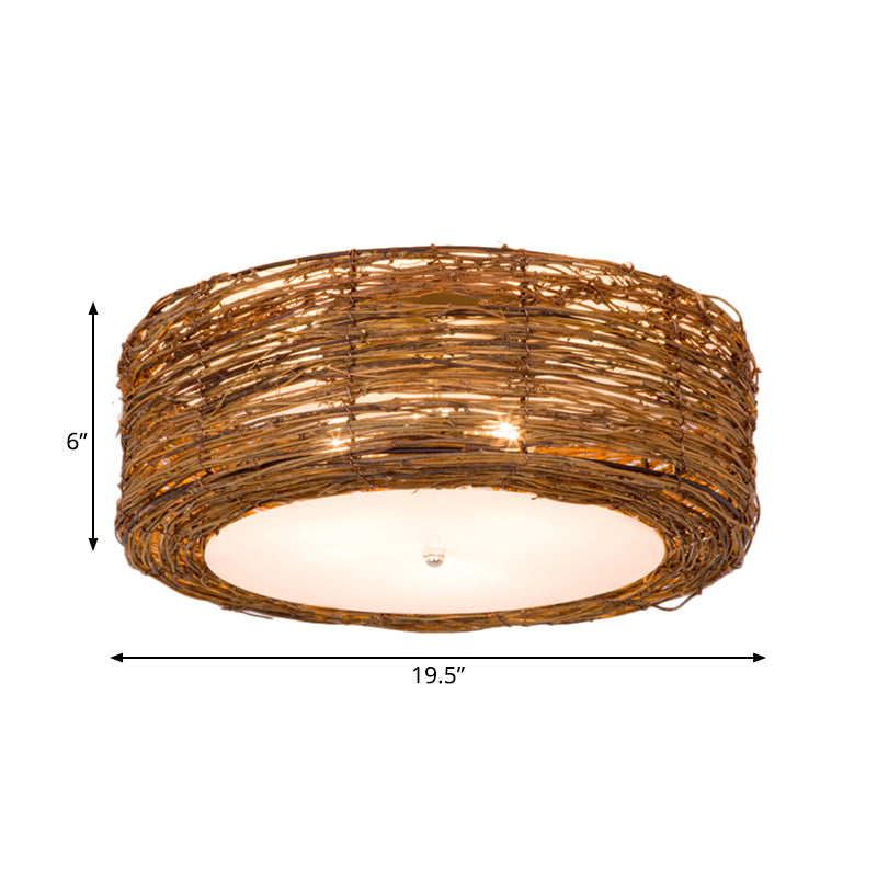 Hand-Woven Flush Mount Lamp with Round Shade Modern Rattan 3 Lights Bedroom Ceiling Light Fixture in Brown, 16"/19.5" W Clearhalo 'Ceiling Lights' 'Close To Ceiling Lights' 'Close to ceiling' 'Flush mount' Lighting' 182443