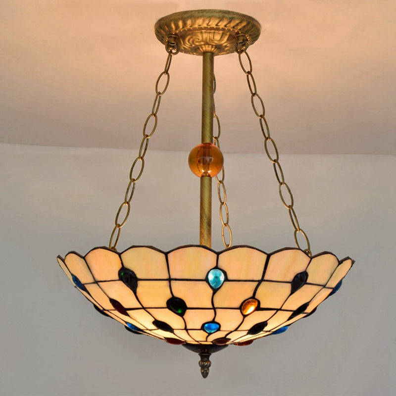 Beige/Clear/Yellow Bowl Shade Semi Flush Ceiling Fixture Retro Style Stained Glass 1 Light Ceiling Light Fixture with Jewel Pattern Yellow 16" Clearhalo 'Ceiling Lights' 'Close To Ceiling Lights' 'Close to ceiling' 'Glass shade' 'Glass' 'Semi-flushmount' 'Tiffany close to ceiling' 'Tiffany' Lighting' 182596