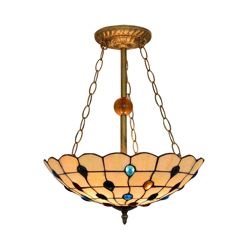 Beige/Clear/Yellow Bowl Shade Semi Flush Ceiling Fixture Retro Style Stained Glass 1 Light Ceiling Light Fixture with Jewel Pattern Clearhalo 'Ceiling Lights' 'Close To Ceiling Lights' 'Close to ceiling' 'Glass shade' 'Glass' 'Semi-flushmount' 'Tiffany close to ceiling' 'Tiffany' Lighting' 182597