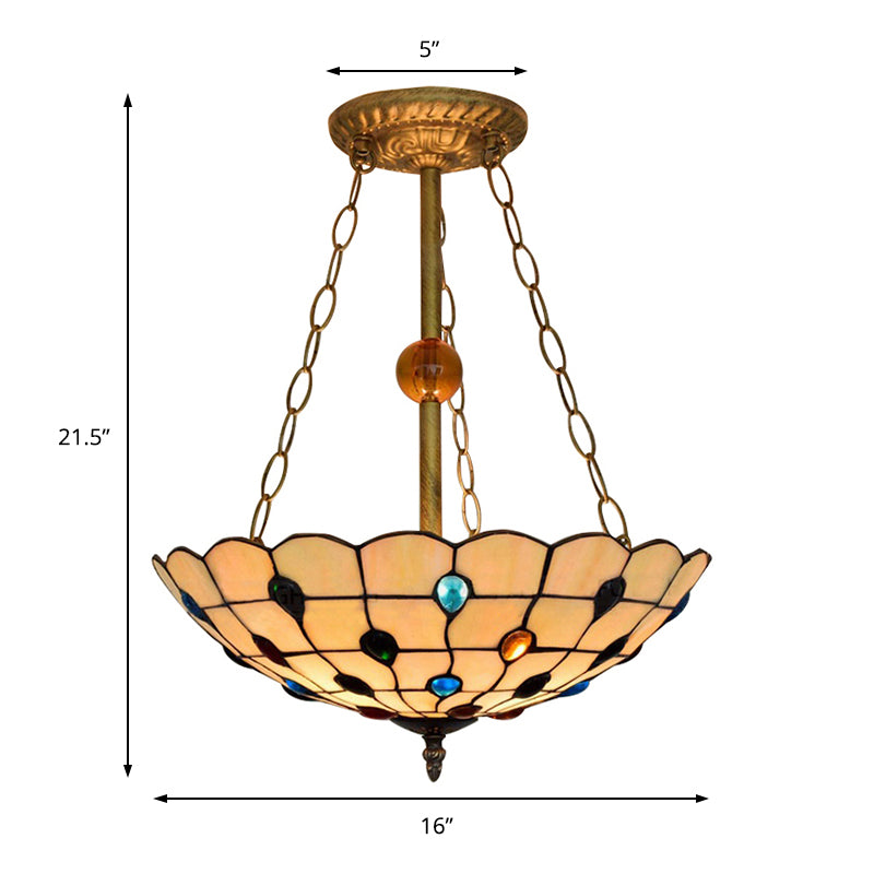 Beige/Clear/Yellow Bowl Shade Semi Flush Ceiling Fixture Retro Style Stained Glass 1 Light Ceiling Light Fixture with Jewel Pattern Clearhalo 'Ceiling Lights' 'Close To Ceiling Lights' 'Close to ceiling' 'Glass shade' 'Glass' 'Semi-flushmount' 'Tiffany close to ceiling' 'Tiffany' Lighting' 182598