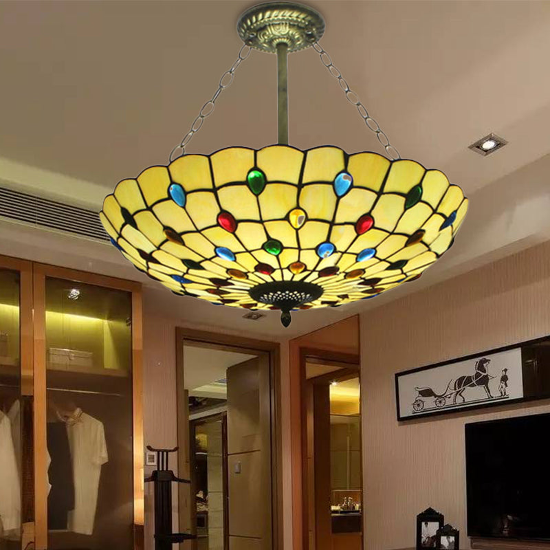 Beige/Clear/Yellow Bowl Shade Semi Flush Ceiling Fixture Retro Style Stained Glass 1 Light Ceiling Light Fixture with Jewel Pattern Yellow 19.5" Clearhalo 'Ceiling Lights' 'Close To Ceiling Lights' 'Close to ceiling' 'Glass shade' 'Glass' 'Semi-flushmount' 'Tiffany close to ceiling' 'Tiffany' Lighting' 182599