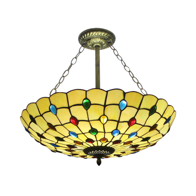 Beige/Clear/Yellow Bowl Shade Semi Flush Ceiling Fixture Retro Style Stained Glass 1 Light Ceiling Light Fixture with Jewel Pattern Clearhalo 'Ceiling Lights' 'Close To Ceiling Lights' 'Close to ceiling' 'Glass shade' 'Glass' 'Semi-flushmount' 'Tiffany close to ceiling' 'Tiffany' Lighting' 182600