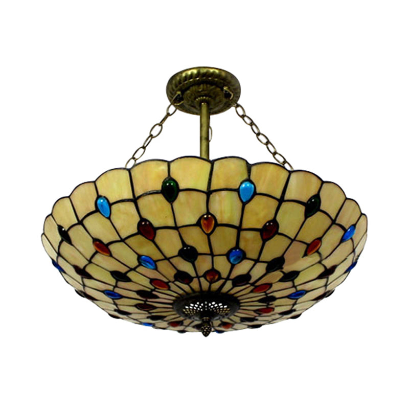 Beige/Clear/Yellow Bowl Shade Semi Flush Ceiling Fixture Retro Style Stained Glass 1 Light Ceiling Light Fixture with Jewel Pattern Clearhalo 'Ceiling Lights' 'Close To Ceiling Lights' 'Close to ceiling' 'Glass shade' 'Glass' 'Semi-flushmount' 'Tiffany close to ceiling' 'Tiffany' Lighting' 182601