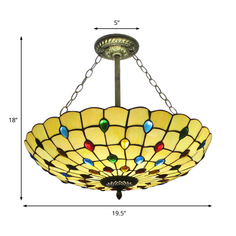 Beige/Clear/Yellow Bowl Shade Semi Flush Ceiling Fixture Retro Style Stained Glass 1 Light Ceiling Light Fixture with Jewel Pattern Clearhalo 'Ceiling Lights' 'Close To Ceiling Lights' 'Close to ceiling' 'Glass shade' 'Glass' 'Semi-flushmount' 'Tiffany close to ceiling' 'Tiffany' Lighting' 182602