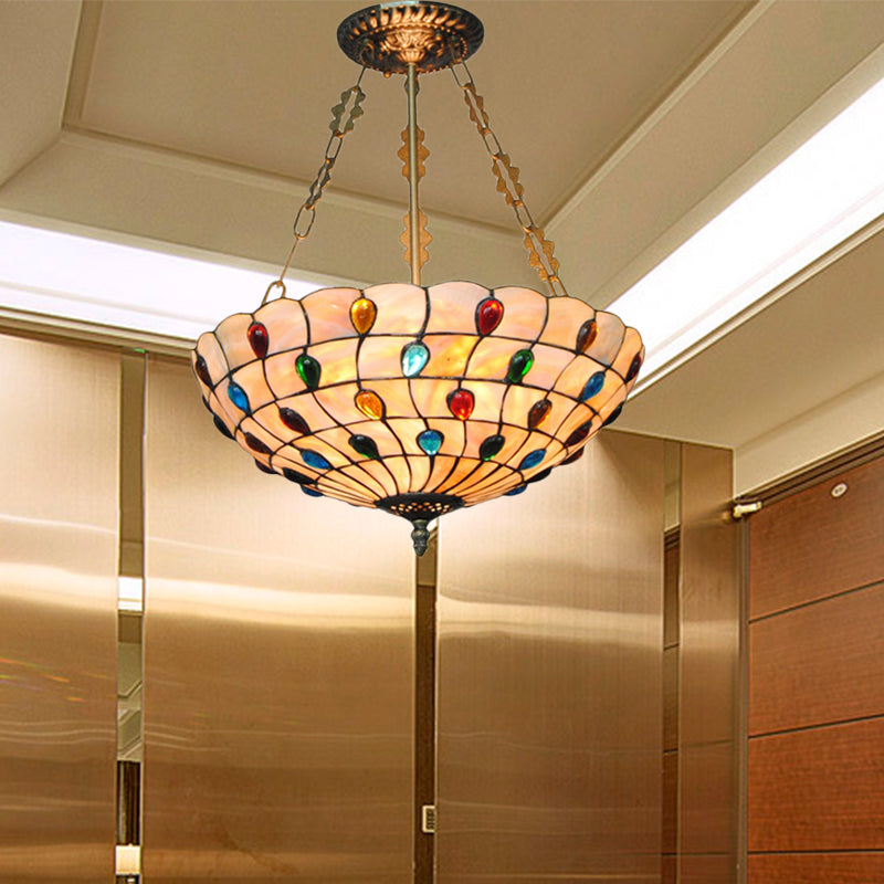 Beige/Clear/Yellow Bowl Shade Semi Flush Ceiling Fixture Retro Style Stained Glass 1 Light Ceiling Light Fixture with Jewel Pattern Beige 16" Clearhalo 'Ceiling Lights' 'Close To Ceiling Lights' 'Close to ceiling' 'Glass shade' 'Glass' 'Semi-flushmount' 'Tiffany close to ceiling' 'Tiffany' Lighting' 182603