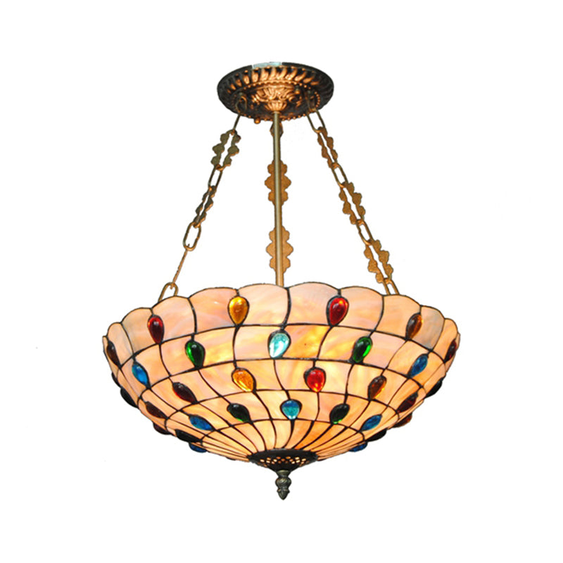 Beige/Clear/Yellow Bowl Shade Semi Flush Ceiling Fixture Retro Style Stained Glass 1 Light Ceiling Light Fixture with Jewel Pattern Clearhalo 'Ceiling Lights' 'Close To Ceiling Lights' 'Close to ceiling' 'Glass shade' 'Glass' 'Semi-flushmount' 'Tiffany close to ceiling' 'Tiffany' Lighting' 182604